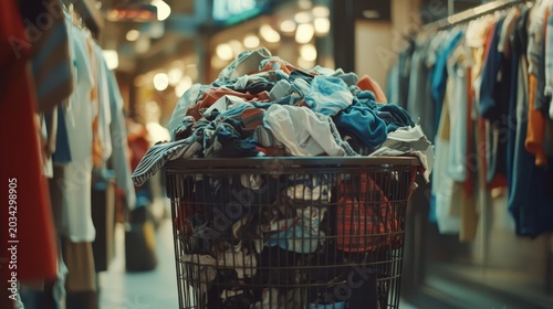 Overflowing Trash Bin Filled With Piles of Discarded Clothing in a Retail Store Environment