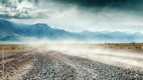 Rally car dramatically drifting through gravel on a dusty mountain road, creating intense motion blur and high contrast.
