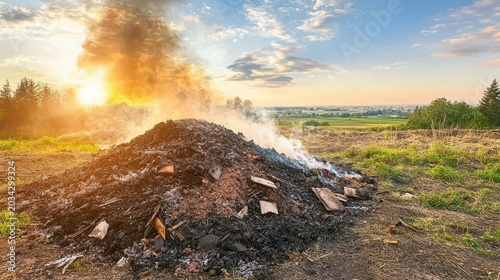 Rural waste burning under dramatic sunset light, emitting smoke and charred debris across fields