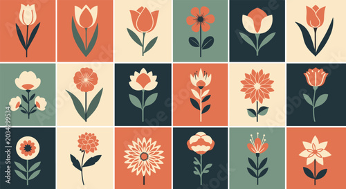 Grid of minimalist flower illustrations including tulips and dahlias in a retro color palette of orange, green, and dark blue.