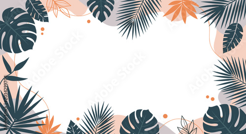 Horizontal frame design featuring a variety of dark green and orange tropical leaves and organic shapes surrounding a central white copy space.