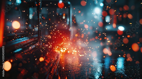 Intense sparks fly during industrial metalwork in a vibrant workshop with dramatic lighting