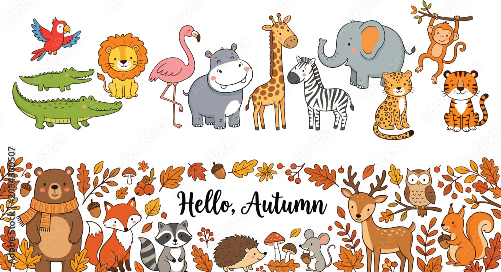 Obraz premium Cute Cartoon Safari and Woodland Animals Set with Hello Autumn Lettering Foliage Banner for Kids Educational Card Designs