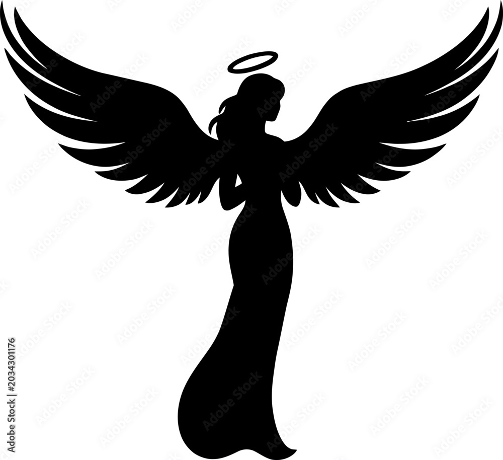 Fototapeta premium Black silhouette of a graceful female angel with wings spread.