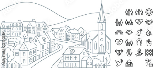 Cozy European Village Landscape Line Art Set with Small Town Houses Church Buildings and Community Charity Symbols for Greeting Cards Coloring Pages and Media