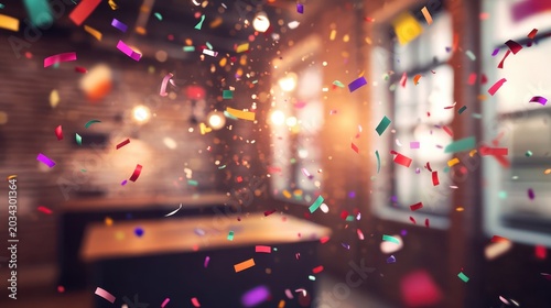 Vibrant confetti showers celebrate business success in a modern urban office setting, creating a joyous and festive atmosphere for achievement and recognition.