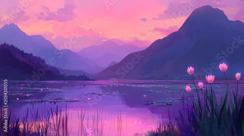 Serene lake at dusk with mountains and soft pastel sky creating a tranquil and beautiful natural landscape
