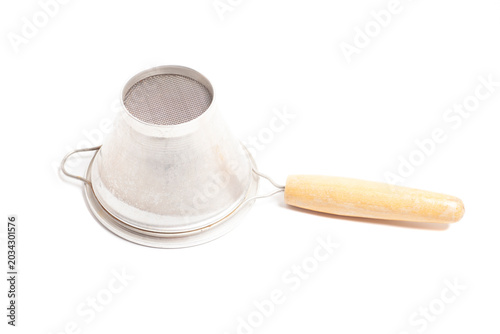 Strainer with wooden handle isolated on white background