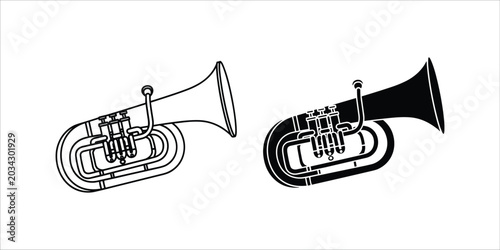 Canvas Print Black and white line of two tubas with flared bells