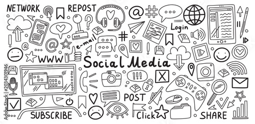 Social media doodle. Digital hand drawn socialmedia sketch, www internet global phone technology. Subscribe, click and share symbols. Computer and smartphone. Vector web icons set