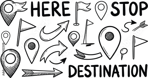 Hand drawn map pins, arrows, and flags