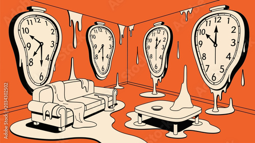 Quadro su tela Melting Clocks and Furniture Dripping in a Surreal Orange Living Room Flat Illus