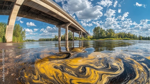 Swirling oil slick near a bridge on a polluted river surface under an overcast sky.