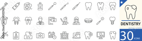 Schilderij op canvas Dentistry line icon set for dental care, teeth, dentist, clinic, oral hygiene, and treatment