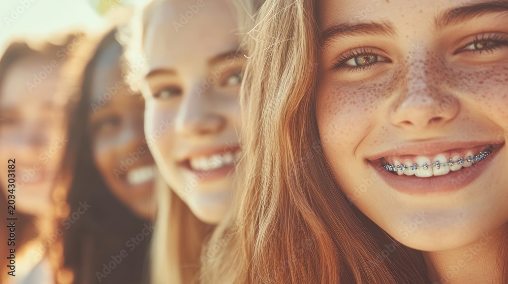 Obraz premium Diverse group of smiling teenage girls with braces outdoors, celebrating friendship, inclusion, confidence and modern youth identity