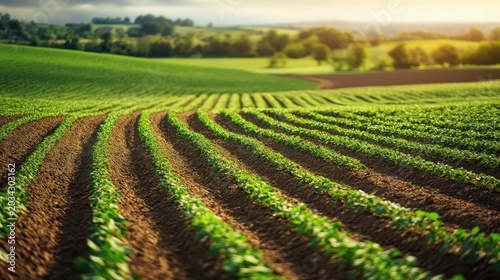 Vibrant green agricultural fields showcasing rows of burgeoning crops under the warm glow of sunlight.