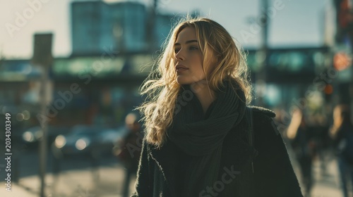 Young woman walking in modern city street, soft cinematic tones, realistic urban lifestyle footage