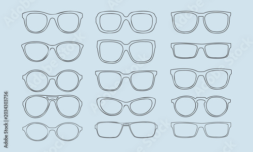 Collection of various eyeglasses frames in a minimalist outline style on a light blue background