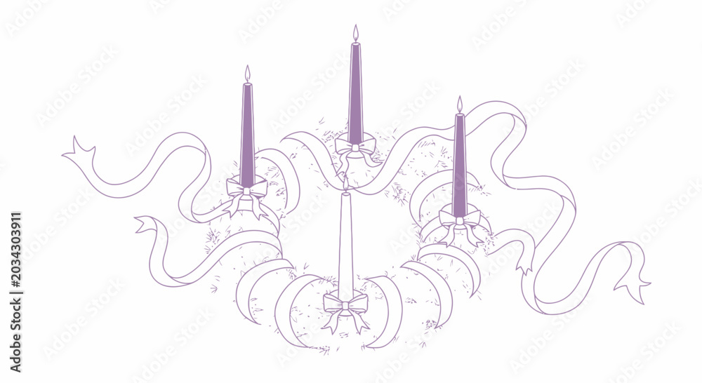 Fototapeta premium Purple Line Art Advent Wreath with Candles and Ribbons