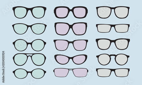 Collection of Eyeglasses and Sunglasses with Different Frame Styles and Lens Colors