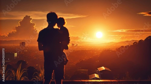 Silhouette video of a parent holding a child at sunset, capturing love, security and a strong family bond against a glowing sky.