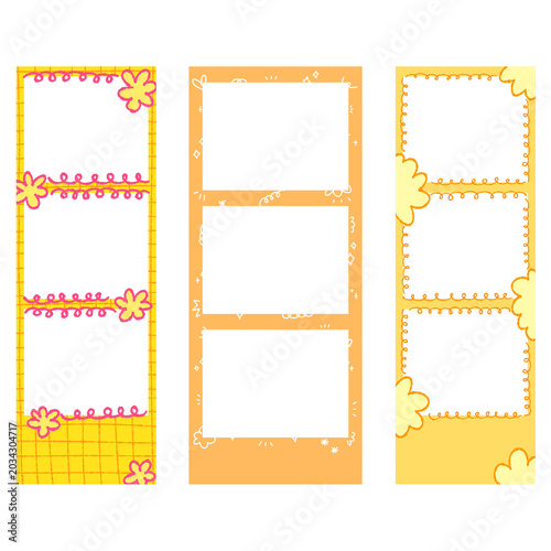 Cheerful Yellow and Orange Vertical Photo Strip Templates with Playful Floral Decorations for Fun Memories and Events