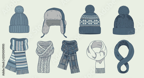 Cuadro en lienzo Winter Accessories Collection with Knitted Hats and Scarves