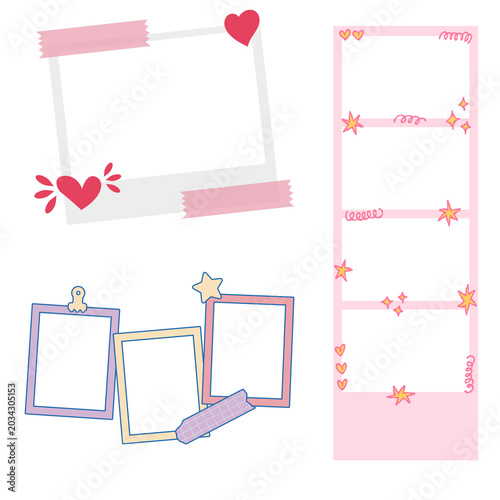 Adorable hand-drawn frames and photo booth strips with hearts, stars, and pastel colors, ideal for scrapbooking, journaling, and digital design