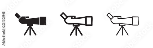 Spotting Scope or Telescope on Tripod Icon Set. Optical Instrument for Observation and Astronomy.