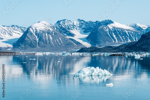 View of snow-capped mountains and glaciers reflecting in the calm blue water with floating icebergs Svalbard and Jan Mayen.