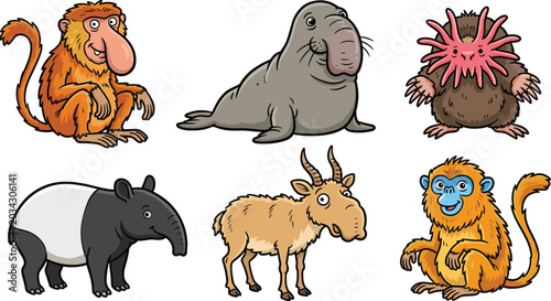 Photography Unique Wild Animal Cartoon Clipart Set Featuring Proboscis Monkey Elephant Seal