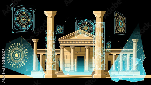 Ancient Temple with Futuristic Digital Interfaces and Holographic Overlays Sci-Fi Illustration