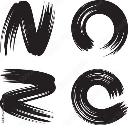 Set of four black ink brush strokes in circular and wavy shapes isolated on a white background texture