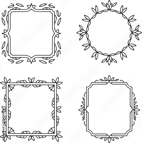 Set of four decorative vintage frames with floral leaf patterns isolated on a plain white background