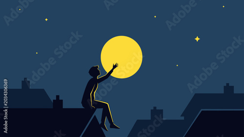 Silhouette of a boy sitting on a rooftop reaching for the full moon in a starry night sky, minimalist vector illustration