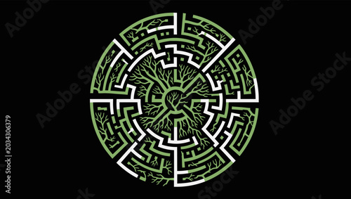 Circular maze with tree branches integrated into a complex green and white labyrinth design on a black background