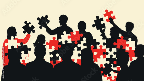Diverse group of people silhouettes collaborating to assemble jigsaw puzzle pieces representing teamwork and problem solving flat graphic illustration