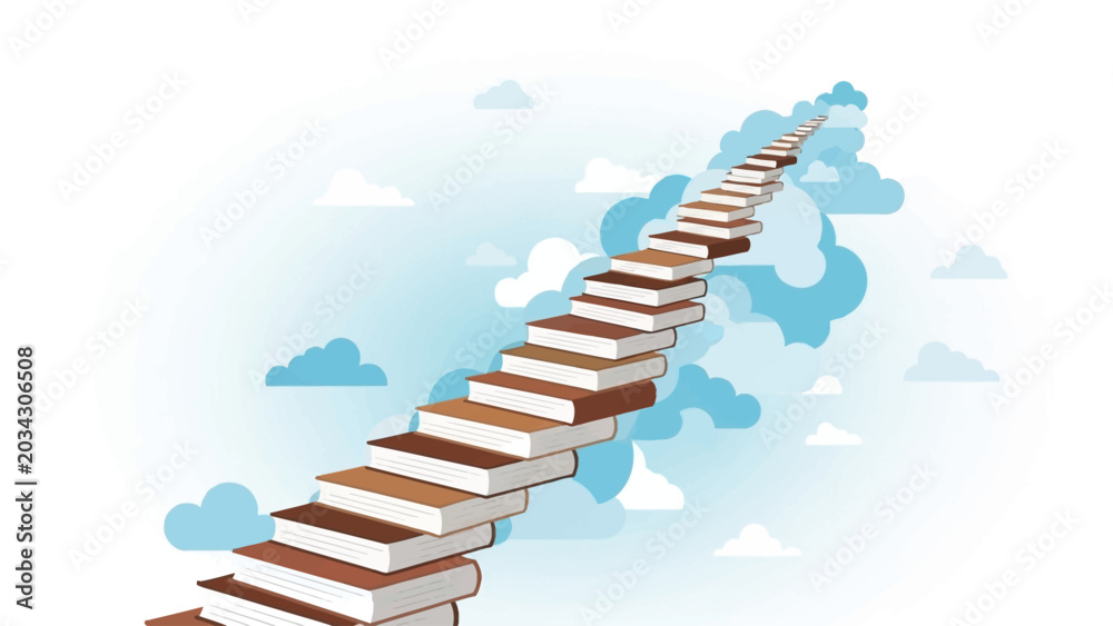 Obraz premium Staircase made of books rising into the clouds, conceptual illustration of education, knowledge, and career growth