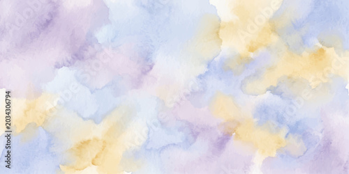 Cuadro en lienzo Abstract colorful watercolor cloudscape with blue sky, white clouds, sun, light
