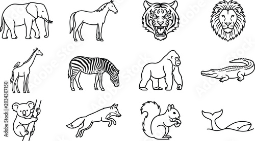 Photography Safari Wildlife and Zoo Animals Line Art Icon Set Featuring Outline Elephant, Ti