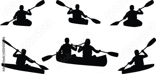 Billede på lærred Kayaking and canoeing silhouette collection featuring solo and tandem paddlers i