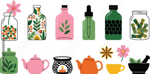 Herbal apothecary icon illustrations with bottles, jars, teapots, candle warmer, mortar pestle, and vector design concepts
