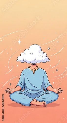 Person meditating with a cloud for a head in a serene pose. Concept of achieving mental clarity and inner peace.
