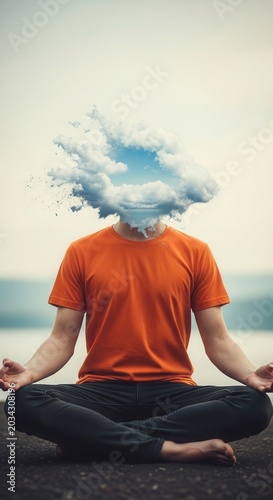 Person meditating with a cloud head and clear sky inside. Serene landscape reflecting inner peace and mental clarity.