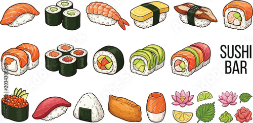 Sushi bar icon illustrations with nigiri, maki rolls, rainbow rolls, roe, garnishes, Japanese cuisine graphics, and vector design concepts