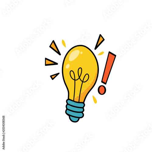 Hand drawn glowing light bulb with exclamation mark, sparking innovation and creative thought
