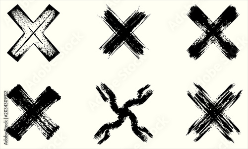 Obraz na płótnie Six black brush stroke crosses on a white background symbolizing rejection and e