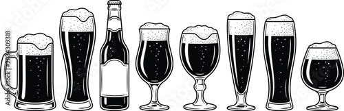 Beer container icon illustrations with mugs, pint glasses, bottles, goblets, pilsner, snifter, silhouette graphics, and vector design concepts