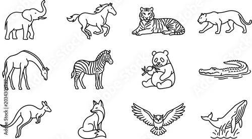 Photography Minimalist Safari Wildlife and Zoo Animals Outline Icon Set Featuring Line Art E