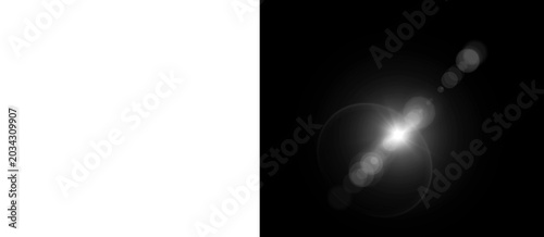Cinematic lens flare with bright light leak on black background, professional optical sun flare effect, glowing white bokeh and starburst